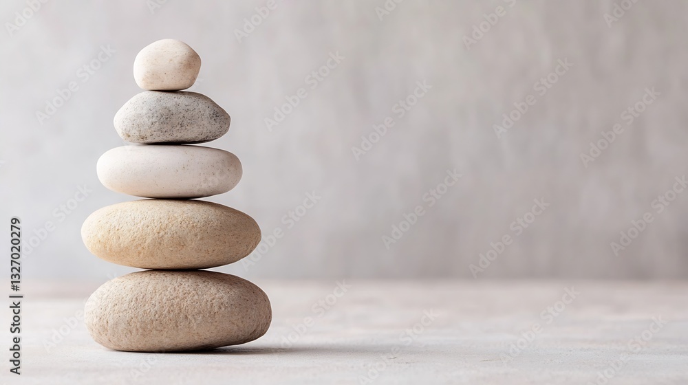 Poster Beautifully Arranged Pebble Stack on a Clean Surface Representing Balance and Calmness : Generative AI