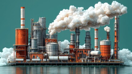 Obraz premium Industrial Refinery Complex with Heavy Smoke Pollution Emission, Environmental Concerns, Coastal Location, 3D Render