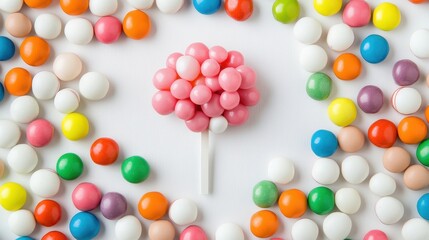 Colorful Candy Composition with Pink Lollipop and Colorful Spheres