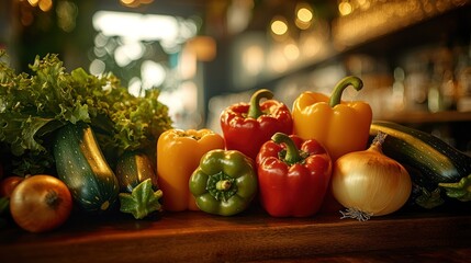 Fresh vegetables on bar counter, restaurant background