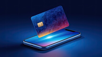 Abstract polygonal bank card on a phone. Online payment and banking. Digital money wallet in blue. Technology and finance concepts. Pay technology background. Futuristic low poly vector illustration 