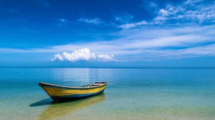 Naklejka premium Lonely Wooden Boat Anchored in Calm Waters with a Clear Sky Background : Generative AI