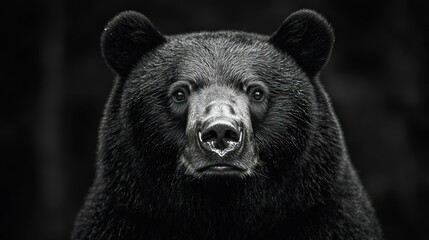 Close-up black bear portrait in dark forest