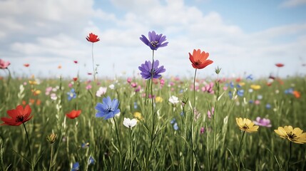 Lush field of colorful flowers displaying a spectrum of colors in a beautiful natural landscape