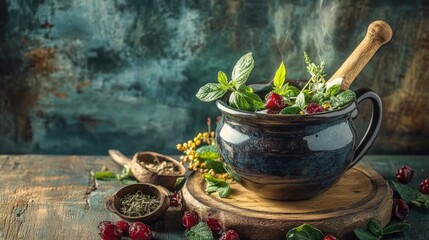 Medicinal herbs in a mortar on a rustic background. Selective focus.