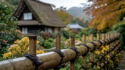 Autumnal Japanese village bamboo fence with thatched roof houses