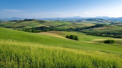 Naklejka premium Breathtaking scenic view of rolling green hills and distant mountains under a bright blue sky filled with soft clouds : Generative AI