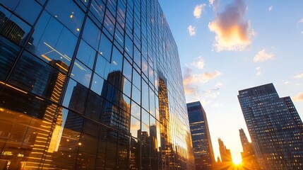 Fototapeta premium Stunning sunset reflection on modern skyscrapers with vibrant clouds and warm sunlight : Generative AI