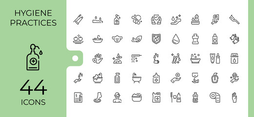 Hygiene minimal icon set. Includes thin line care, clean, sanitary, washing, antiseptic, wash, protection and more. Pixel perfect. Bath vector line icons. Vector icons editable stroke.