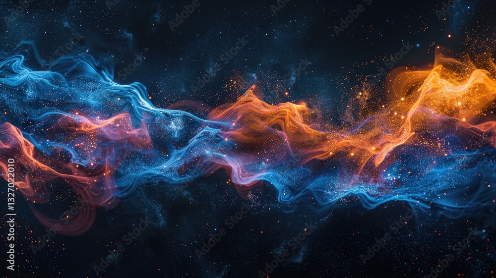 Poster dynamic digital wave with blue and orange light particles. digital art for design with glowing orang