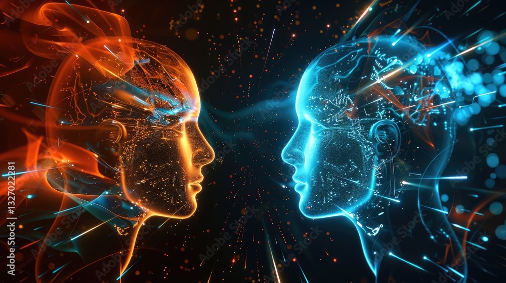 Aufkleber abstract digital faces with glowing blue and orange lines facing each other. digital artwork of face