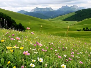 Obraz premium Scenic field of flowers with majestic mountains in the background under a bright blue sky