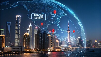 Business Hands Pointing at Import Tariffs Hologram