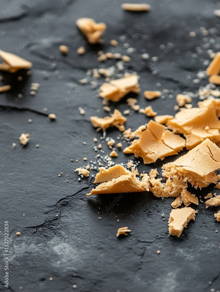 Poster Crumbled sweet dessert arranged artistically on a dark slate background emphasizing texture and detail : Generative AI