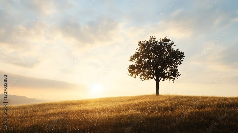 Aufkleber lone tree on a hill under a beautiful sunrise in a vast open field : generative ai