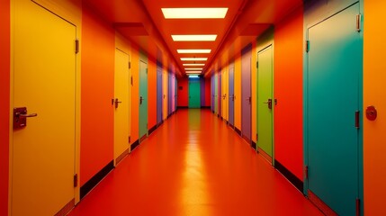 Fototapeta premium Vibrant hallway with colorful doors leading to storage units, bright lighting enhancing the atmosphere