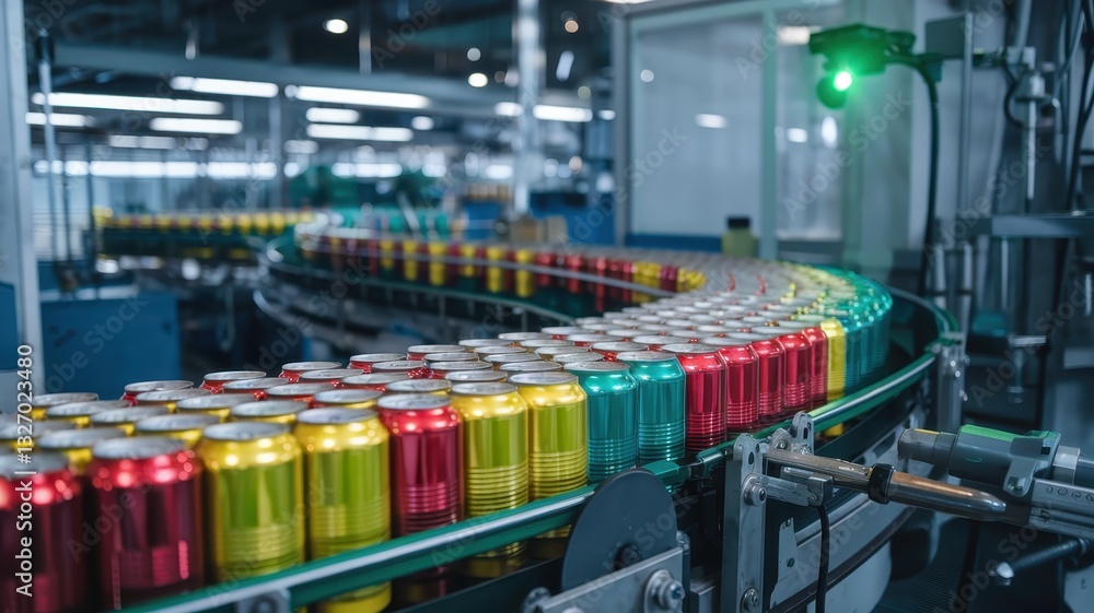 Poster automated beverage can production line in a modern factory