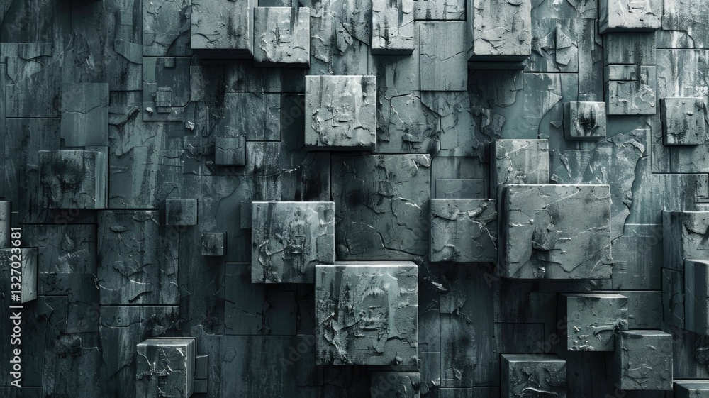 Poster abstract metallic geometric blocks in grey and gold. abstract artwork of 3d rendering art with geome