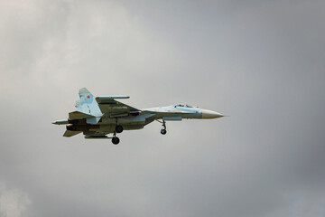 A modern Russian strike fighter flying in the sky. Military aircraft of the Russian Air Force