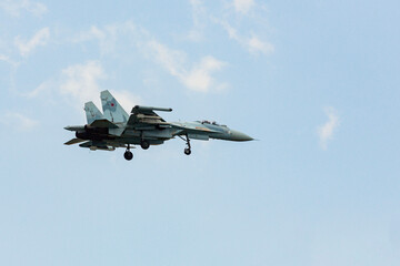 A modern Russian strike fighter flying in the sky. Military aircraft of the Russian Air Force