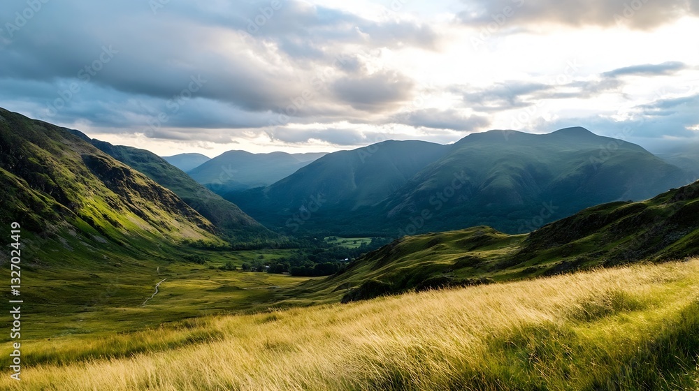 Poster serene panoramic view of lush green mountains under a cloudy sky at sunset : generative ai