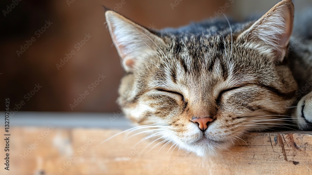 Poster adorable sleeping cat resting peacefully on a wooden surface capturing tranquility and comfort : gen