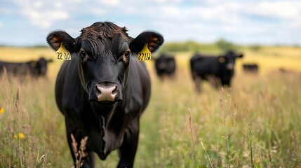 Close up of a black cow in a scenic grassy field with a partially cloudy sky in the background : Generative AI