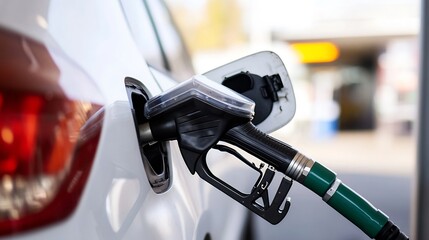 Close up of a fuel pump filling a white car at a gas station under bright sunlight : Generative AI