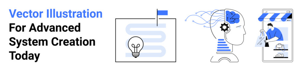 Light bulb over process map, cogwheels within a human head symbolizing creativity, hands building online store. Ideal for innovation, AI, analytics, e-commerce, strategy, creativity flat landing