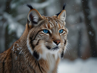 Obraz premium Lynx with Heterochromia Eyes in a Snow-Covered Winter Forest