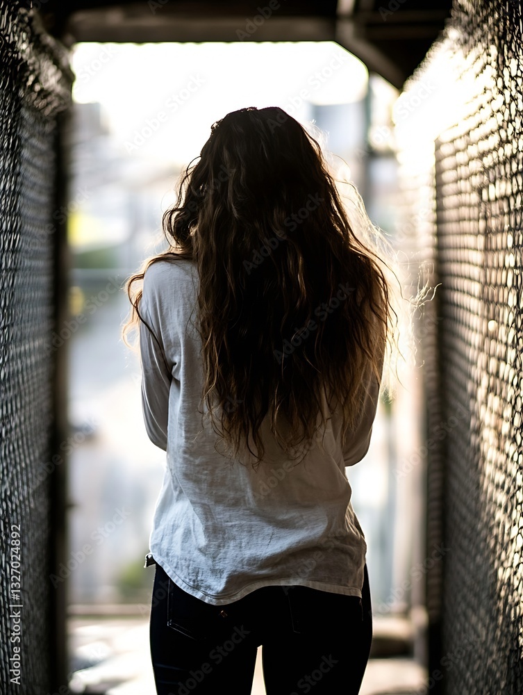 Aufkleber a woman with long hair standing in a narrow passageway with light streaming in creating a silhouette