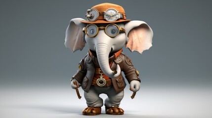 Obraz premium Steampunk Elephant Cartoon Figure on Gray Background
