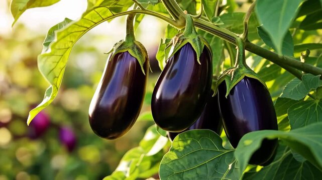 Fresh big eggplants growing and ripening on a bush. Close-up view of aubergine plant with juicy eggplant cluster. Homegrown healthy food. Gardening, control examining harvesting of organic produce