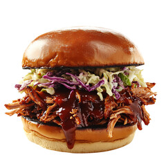 A Juicy Pulled Pork Sandwich with Tangy BBQ Sauce Isolated on Transparent Background