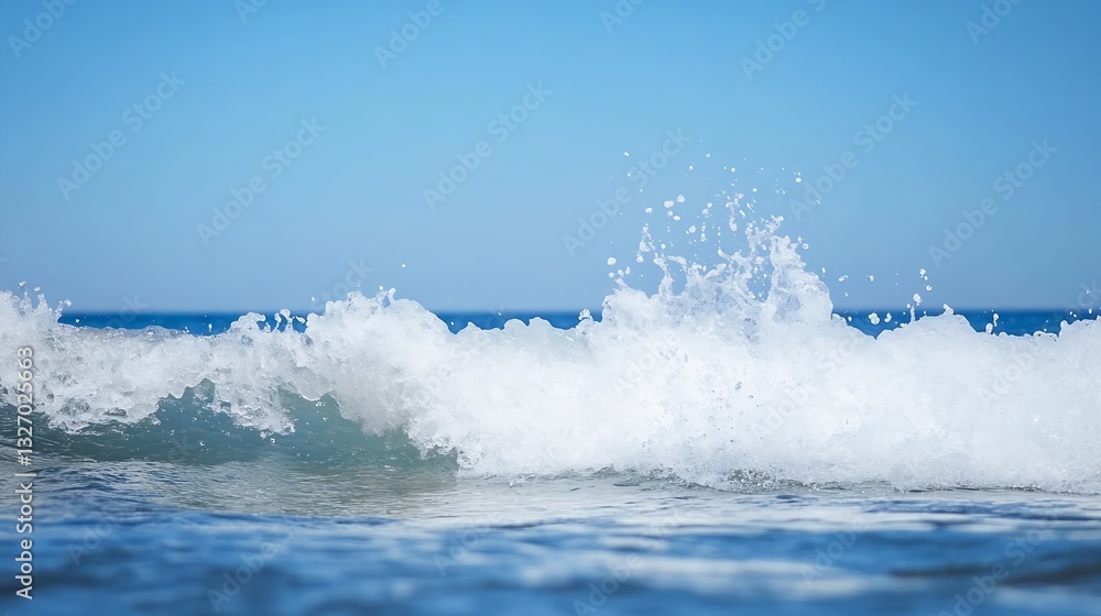 Aufkleber gentle ocean waves crashing onto the shore on a sunny day against a clear blue sky creating white fo