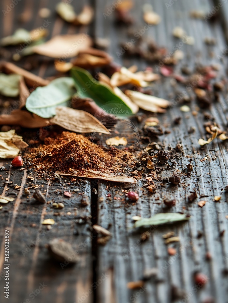Aufkleber aromatic blend of spices scattered on rustic wooden table for culinary inspiration and flavor enhanc
