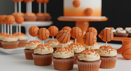 A festive display of basketball themed cupcakes decorated with mini basketball toppers and orange sprinkles