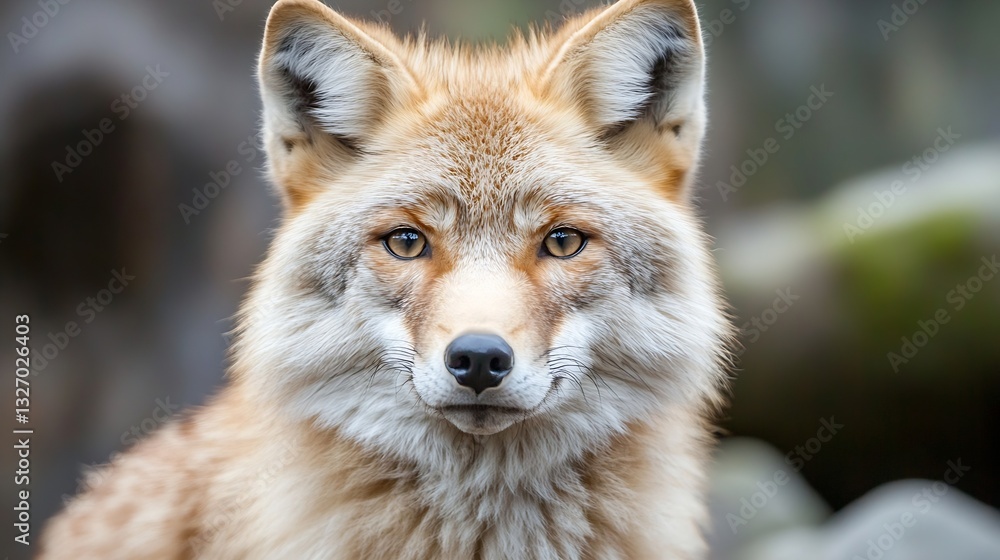 Poster closeup of a captivating coyote's face showcasing its beautiful fur and intense gaze in a natural se