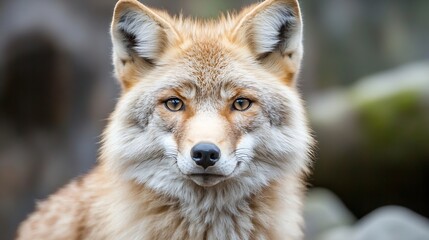 Obraz premium Closeup of a captivating coyote's face showcasing its beautiful fur and intense gaze in a natural setting : Generative AI