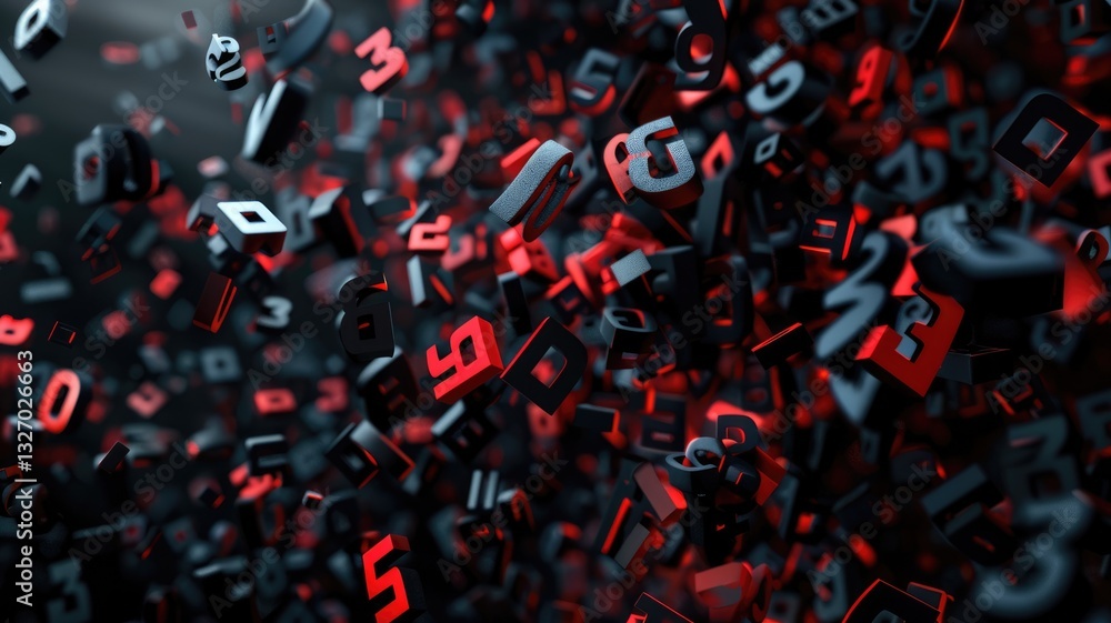 Poster floating black and red 3d numbers on a dark background. abstract 3d rendering art of number floating