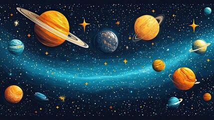 Colorful Cartoon Planets in Space Background