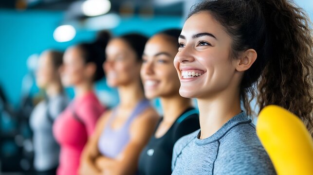 Group of motivated women smiling while engaged in a fitness class showcasing unity and strength : Generative AI