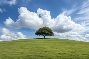 Lone Tree on Hill Under Cloudy Blue Sky