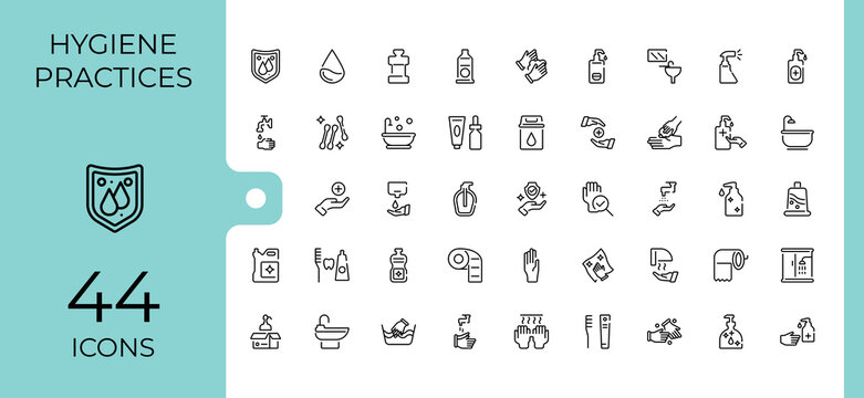 Hygiene minimal icon set. Includes thin line care, clean, sanitary, washing, antiseptic, wash, protection and more. Pixel perfect. Bath vector line icons. Vector icons editable stroke.