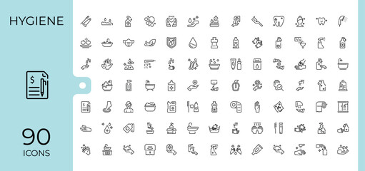 Hygiene minimal icon set. Includes thin line care, clean, sanitary, washing, antiseptic, wash, protection and more. Pixel perfect. Bath vector line icons. Vector icons editable stroke.