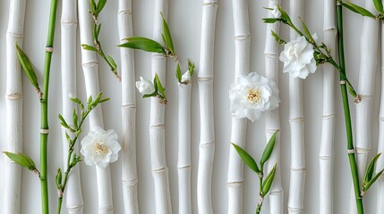 Obraz premium Serene Arrangement of White Flowers and Green Bamboo Stalks on a Bright Background