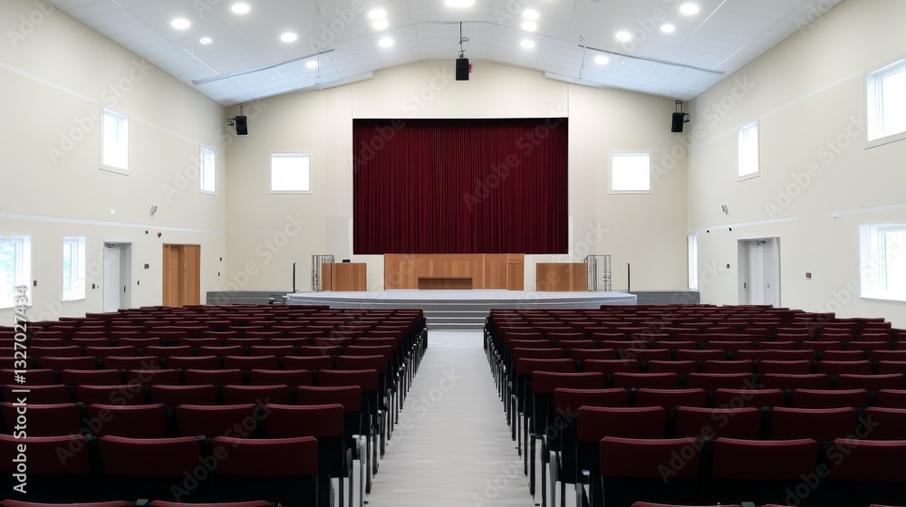 Poster spacious auditorium with rows of red chairs facing a stage, featuring a deep red curtain backdrop