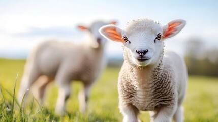 Obraz premium Adorable young lamb with playful expression in a beautiful green pasture under bright sky : Generative AI