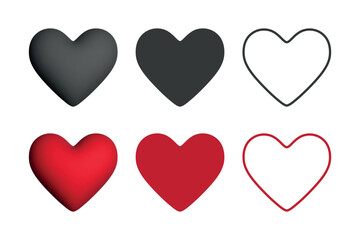 Six heart icons set, black and red hearts, solid, outline, and 3d style, vector illustration.