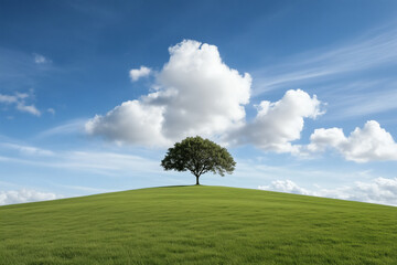 Obraz premium Tree on a green hill under a cloudy sky